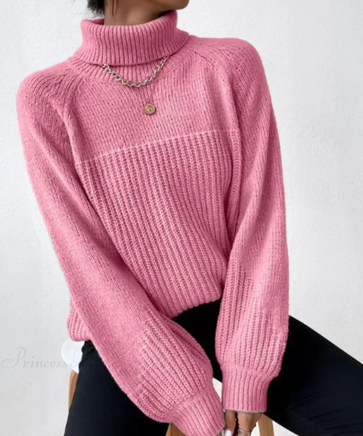 Turtleneck Cross Jacquard Sweater Pink / S