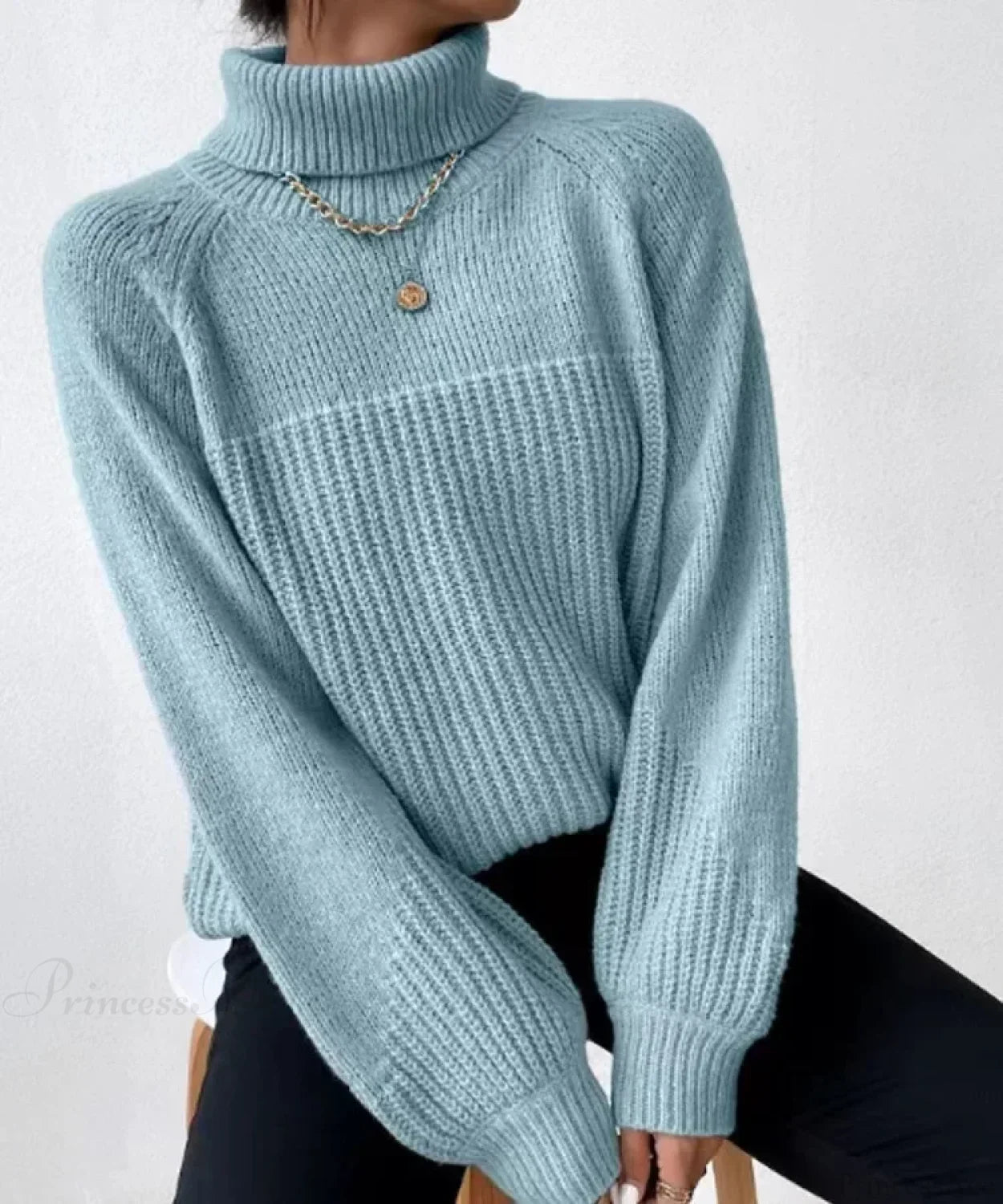 Turtleneck Cross Jacquard Sweater Sky Blue / S