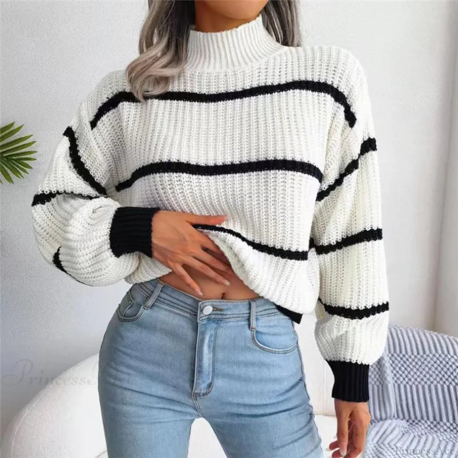 Turtleneck Lantern Sleeve Elegant Sweater White / One Size