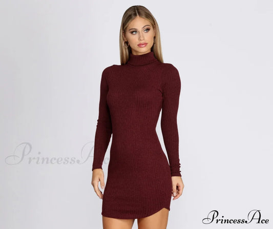 Turtleneck Long Sleeve Ribbed Knit Mini Dress - Lady Occasions