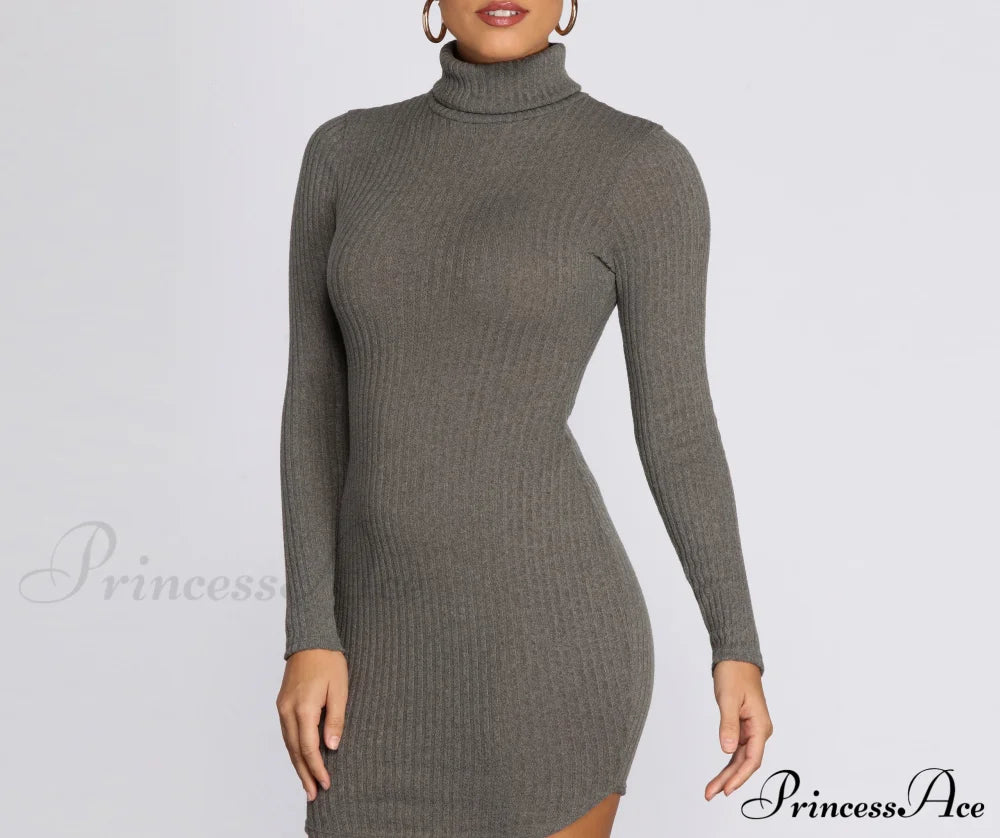 Turtleneck Long Sleeve Charming Ribbed Knit Mini Dress Casual Dresses