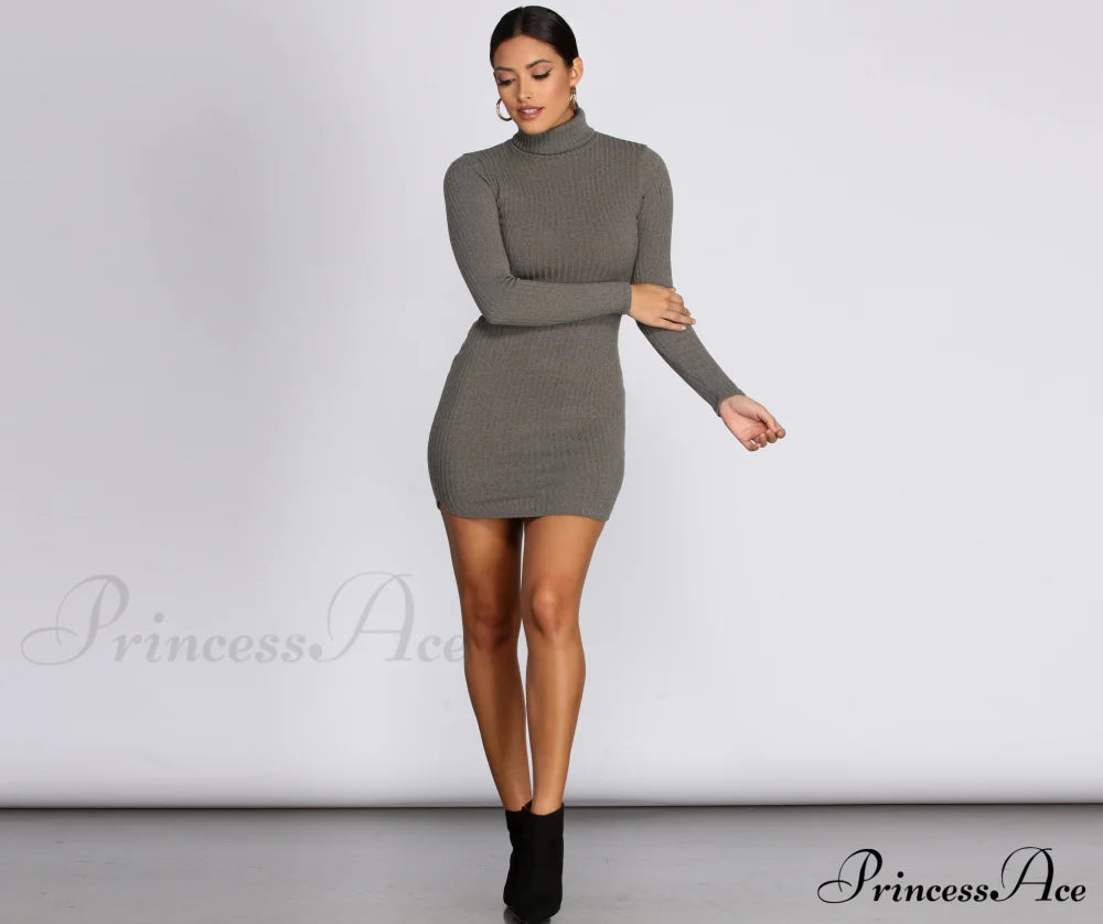 Turtleneck Long Sleeve Charming Ribbed Knit Mini Dress Casual Dresses