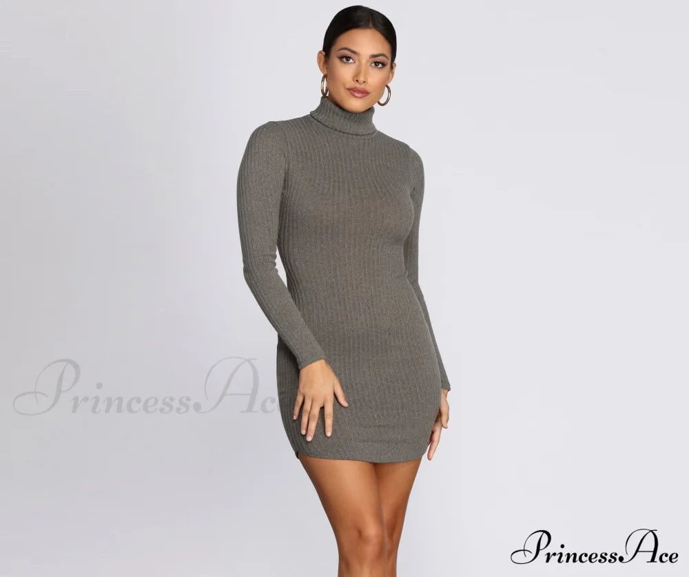 Turtleneck Long Sleeve Ribbed Knit Mini Dress - Lady Occasions