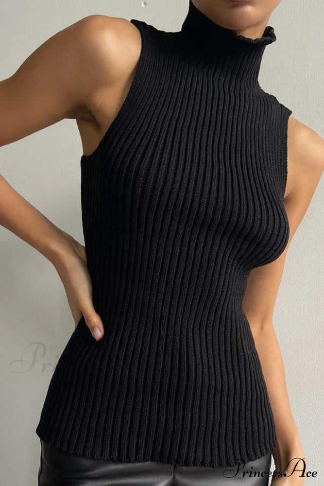 Turtleneck Ribbed Sleeveless Knit Sweater Black / S Sweaters-L