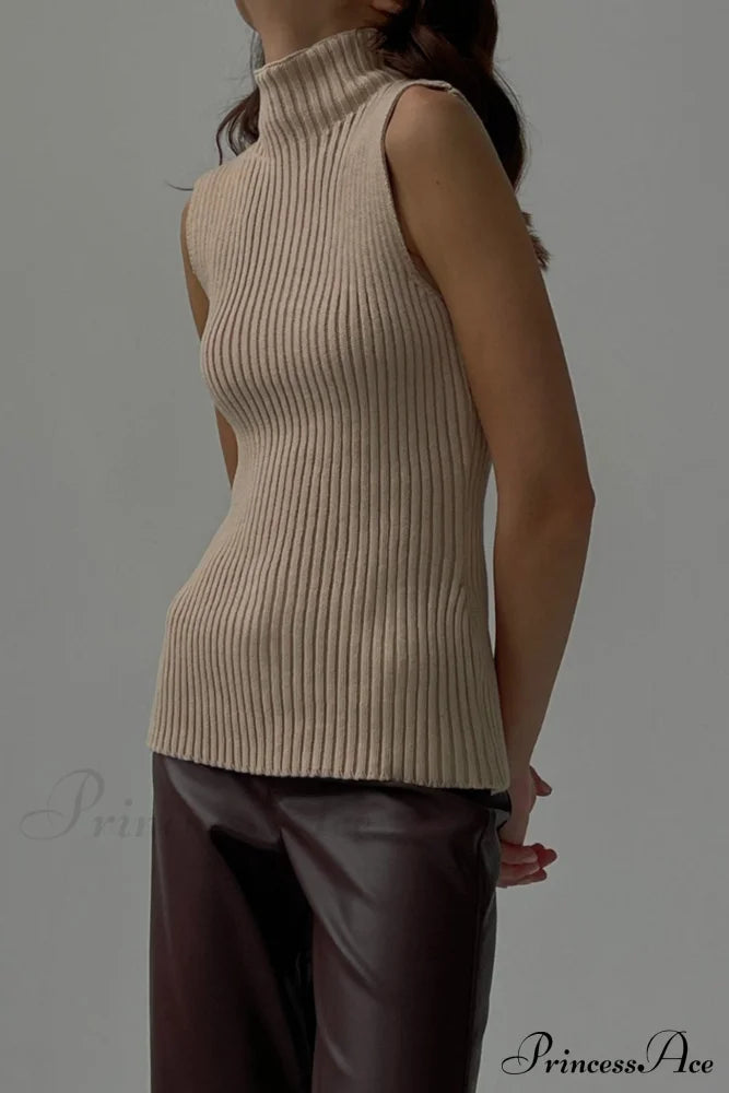 Turtleneck Ribbed Sleeveless Knit Sweater Camel / L Sweaters-L