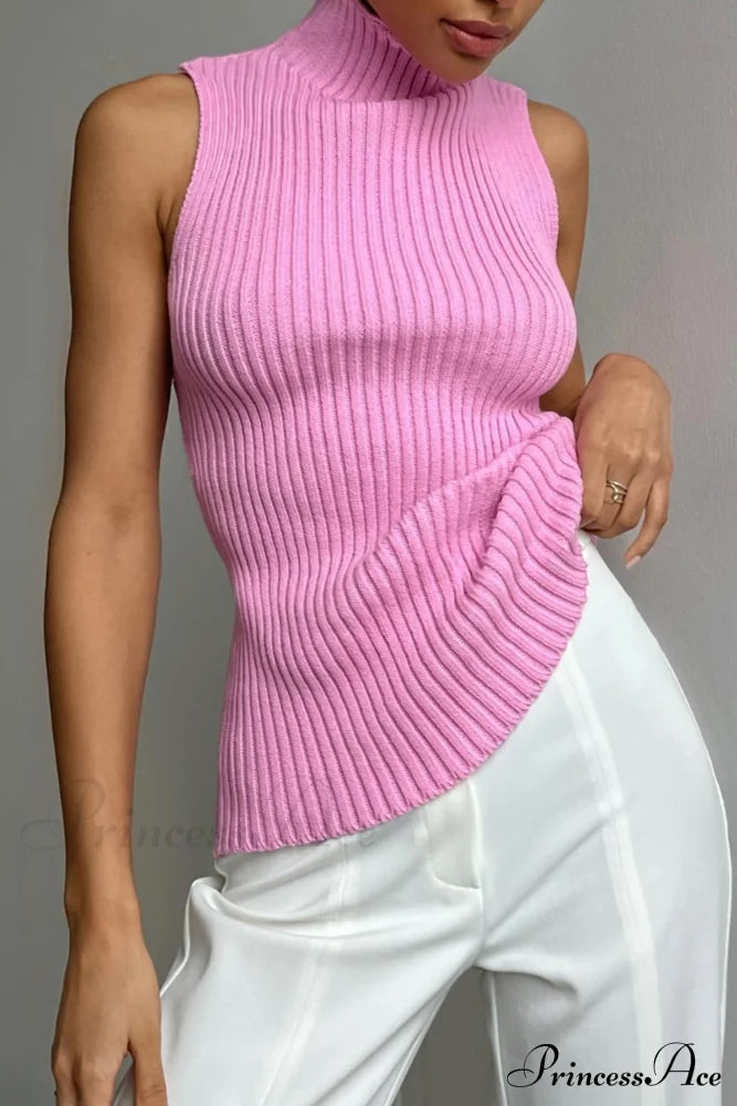 Turtleneck Ribbed Sleeveless Knit Sweater Pink / S Sweaters-L