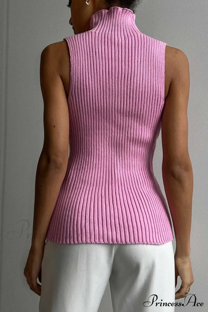 Turtleneck Ribbed Sleeveless Knit Sweater Pink / Xl Sweaters-L