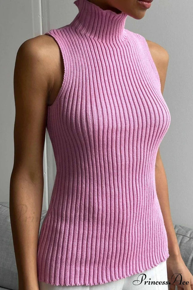 Turtleneck Ribbed Sleeveless Knit Sweater Sweaters-L