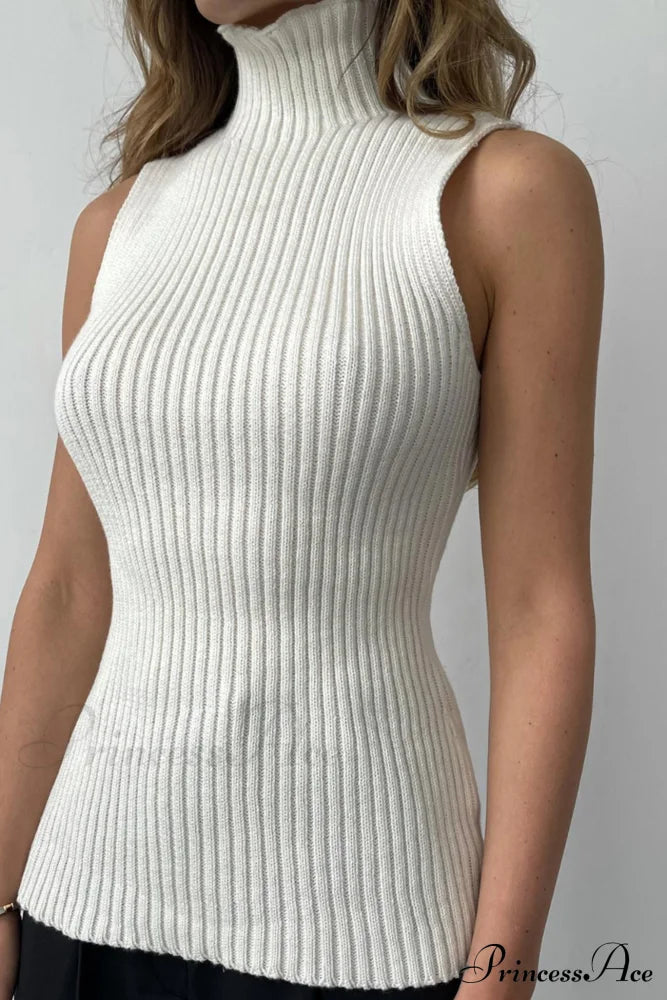 Turtleneck Ribbed Sleeveless Knit Sweater White / L Sweaters-L