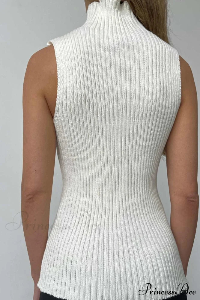 Turtleneck Ribbed Sleeveless Knit Sweater White / Xl Sweaters-L