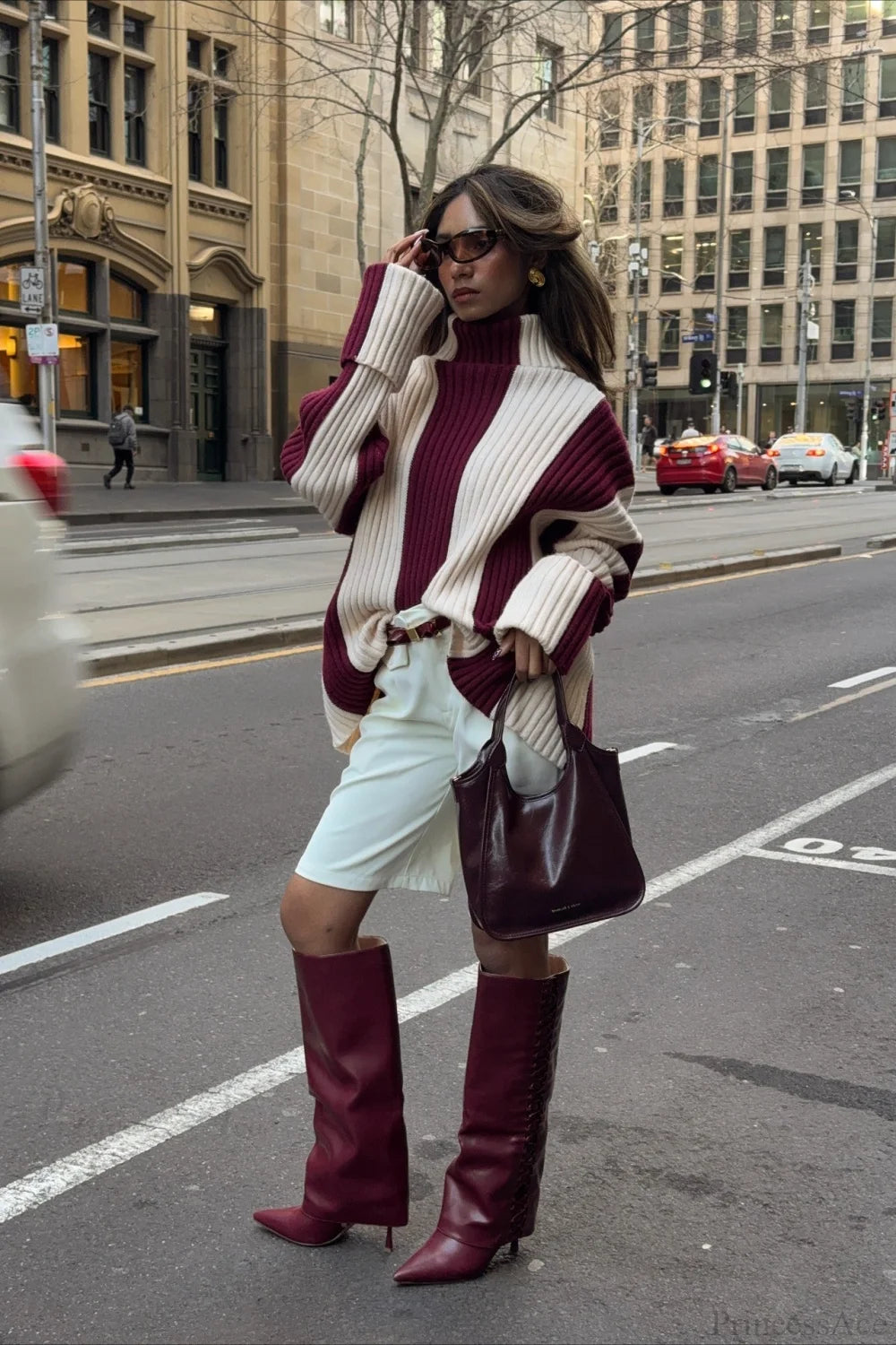 Turtleneck Ribbed Stripe Colorblock Sweater