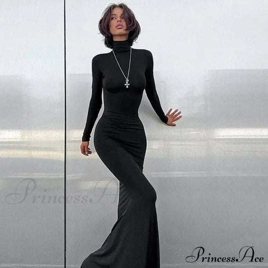 Turtleneck Sleeve Maxi Dress Black / S