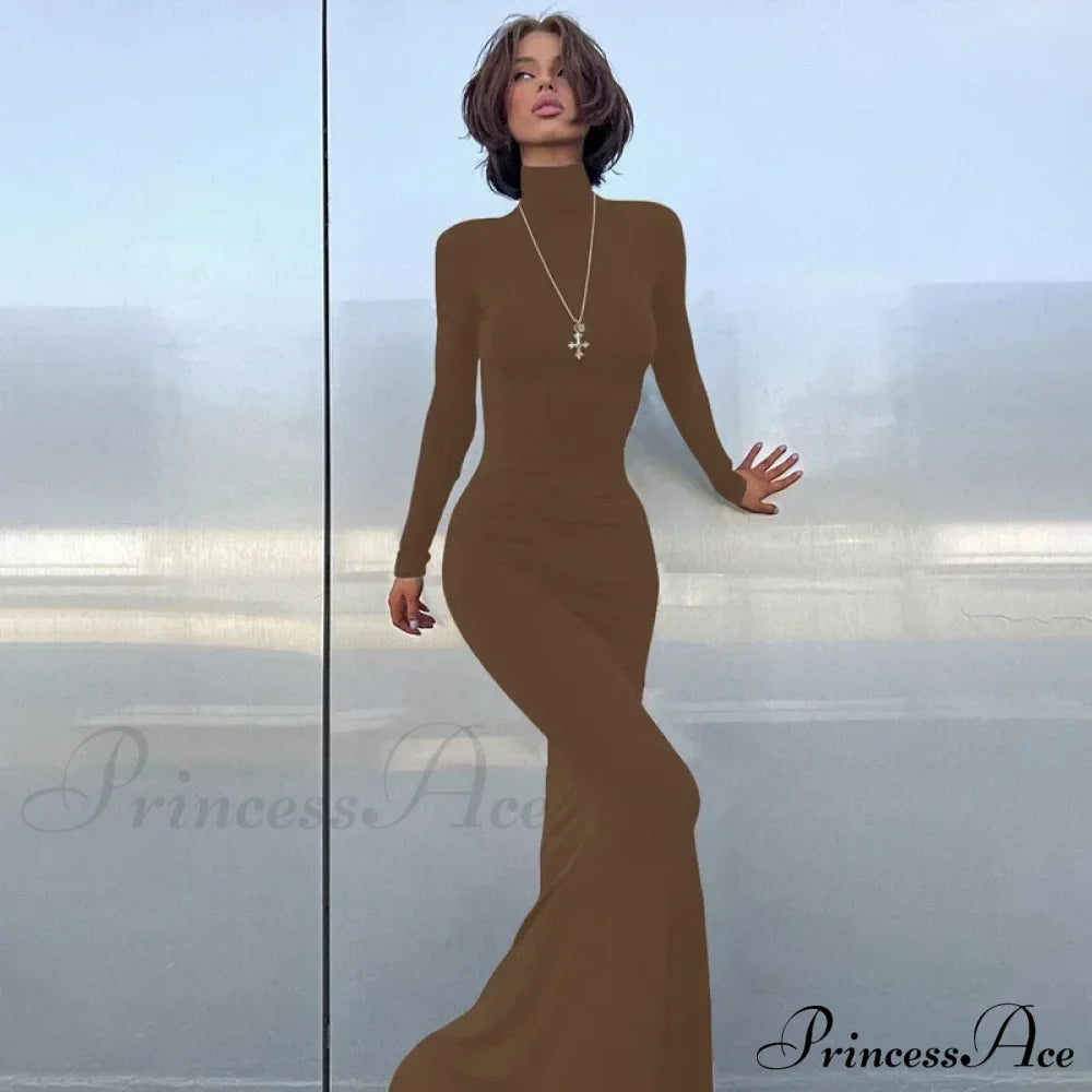 Turtleneck Sleeve Maxi Dress Brown / S