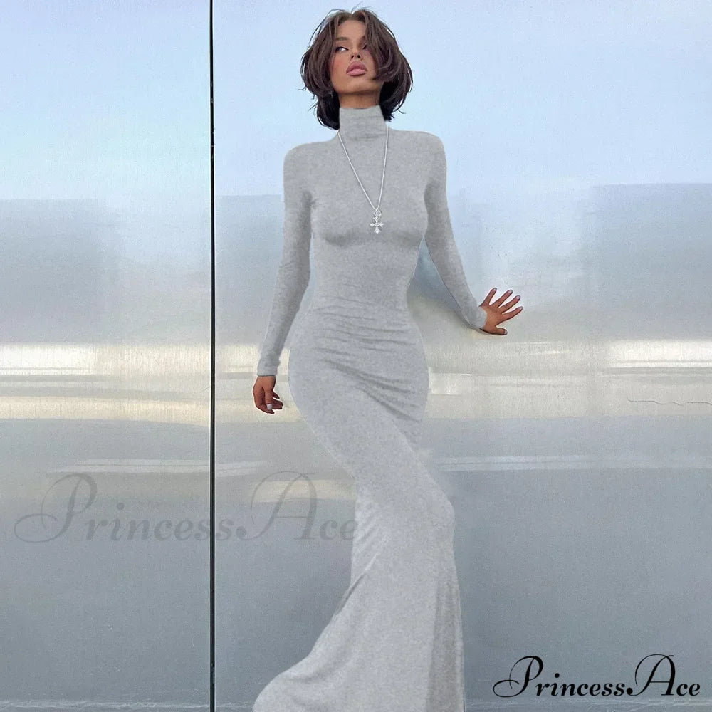 Turtleneck Sleeve Maxi Dress Gray / S