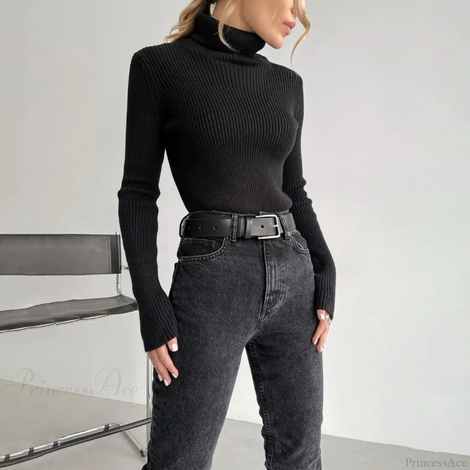 Turtleneck Slim Pullover Long Sleeve Sweater Black / M