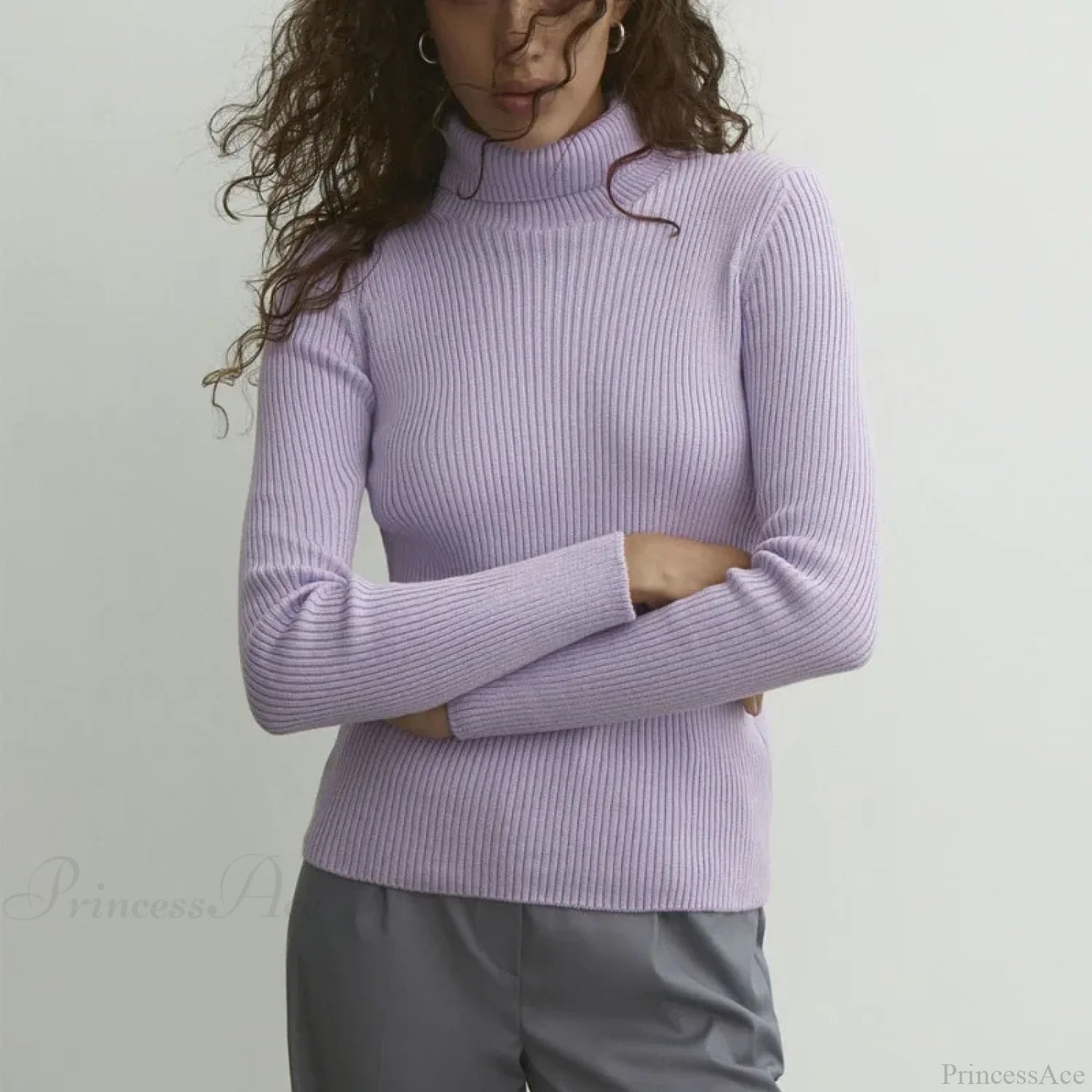 Turtleneck Slim Pullover Long Sleeve Sweater PURPLE / M
