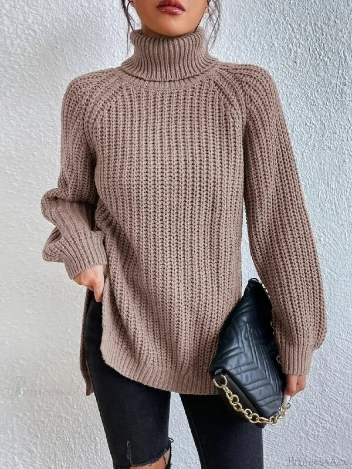 Turtleneck Split Crochet Thick Sweater khaki / S