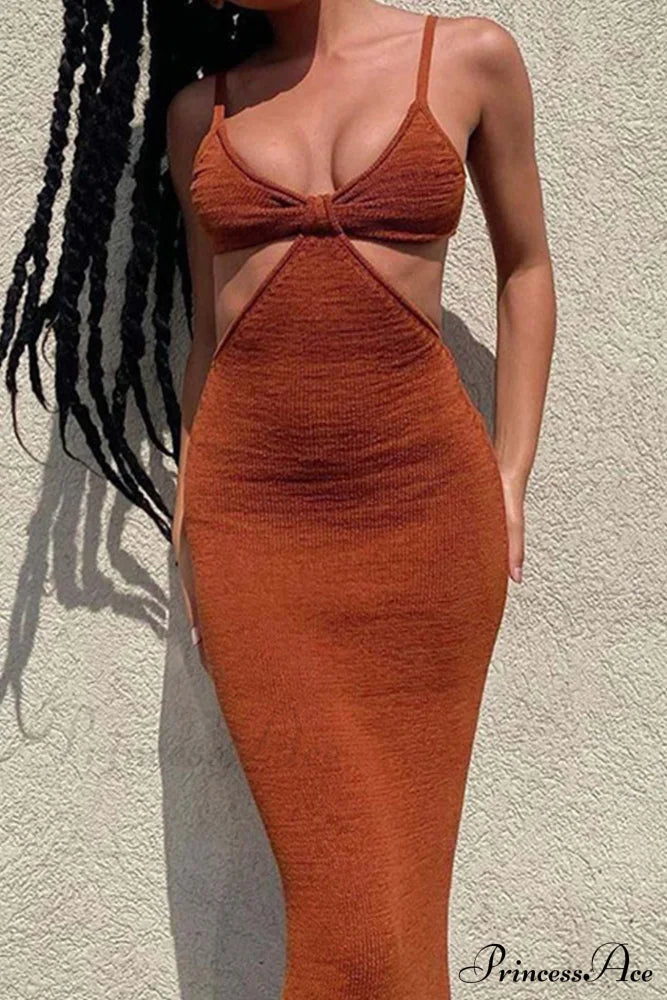 Twisted-Front Backless Knit Cami Dress With Cutout Brown / S Midi Dresses