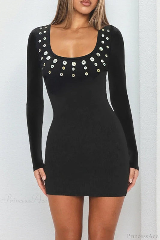 U Neck Long Sleeve Hot Fitted Mini Dress Black / S