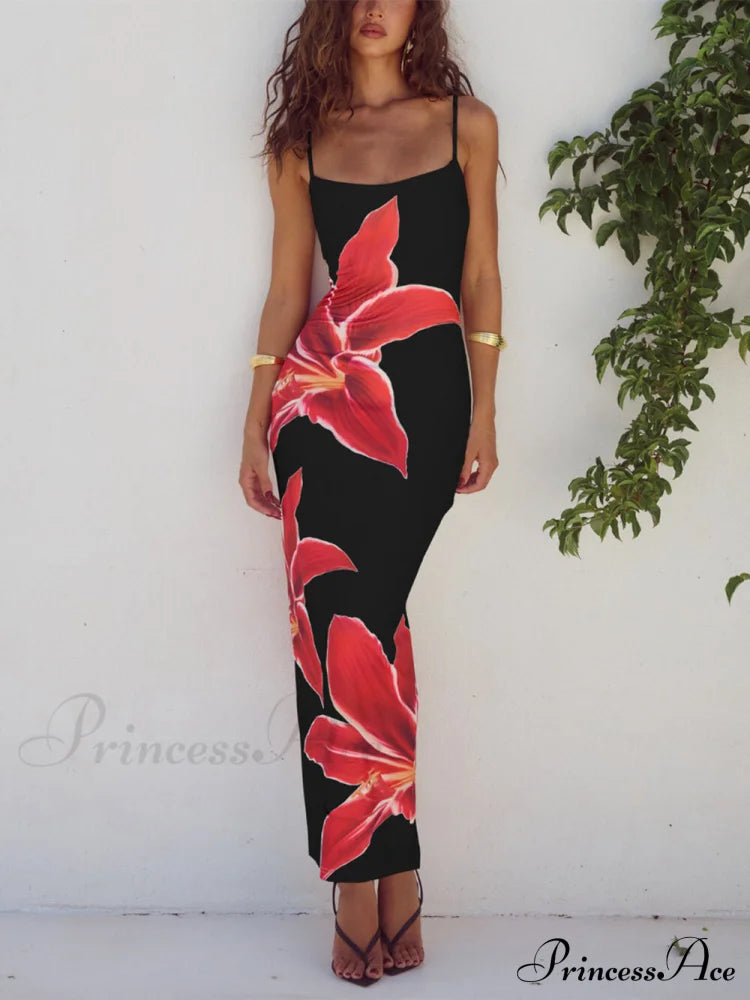 Unforgettable Abstract Floral Charming Print Maxi Dress Black / S Dresses