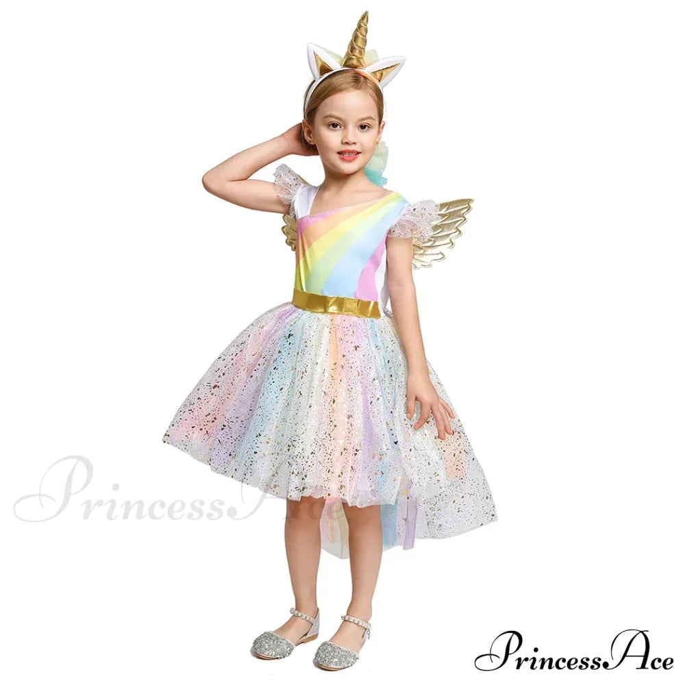 Unicorn Dress Girls Rainbow Princess Dance Ball Birthday Party Halloween Cosplay Costume Kid