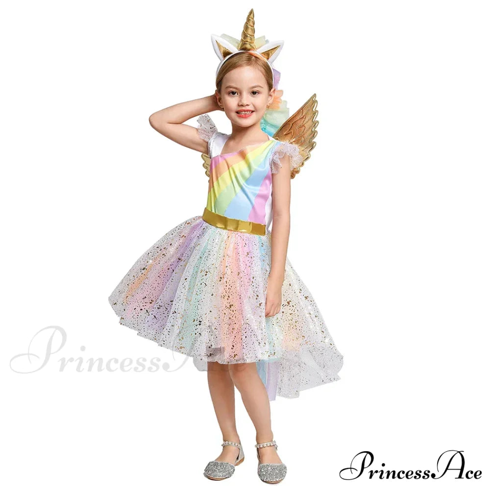 Unicorn Dress Girls Rainbow Princess Dance Ball Birthday Party Halloween Cosplay Costume Kid