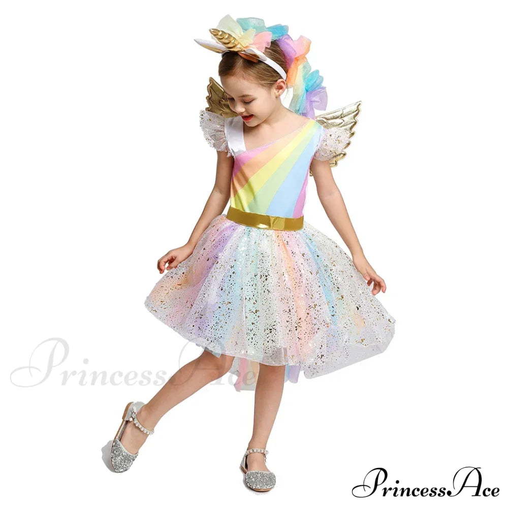 Unicorn Dress Girls Rainbow Princess Dance Ball Birthday Party Halloween Cosplay Costume Kid