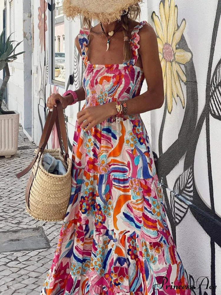 Unique Beach Vacation Charming Printed Halter Hem Dresses Flower / S