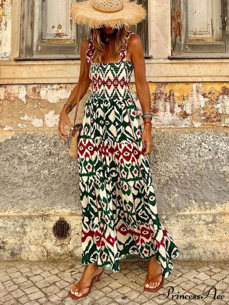 Unique Beach Vacation Charming Printed Halter Hem Dresses Green / S