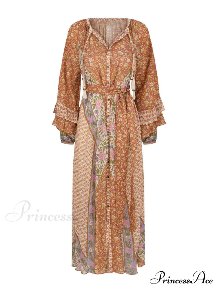 Unique Bohemian Print Long Graceful Sleeve Robe Midi Dress Dresses