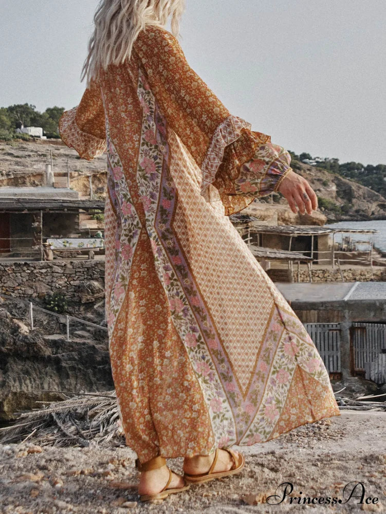 Unique Bohemian Print Long Graceful Sleeve Robe Midi Dress Dresses