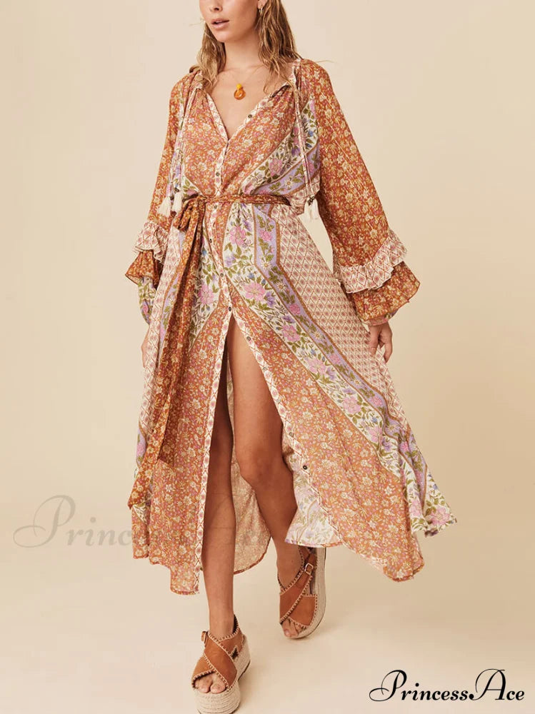 Unique Bohemian Print Long Graceful Sleeve Robe Midi Dress Multicolor / S Dresses