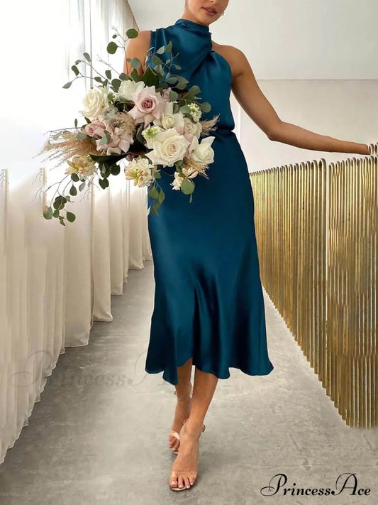 Unique Bridesmaid Sleeveless Charming High Neck Midi Dresses