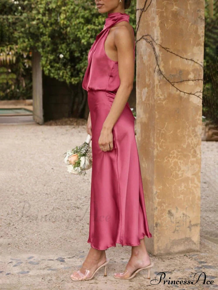 Unique Bridesmaid Sleeveless Charming High Neck Midi Dresses