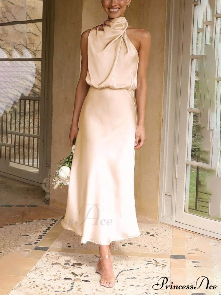 Unique Bridesmaid Sleeveless Charming High Neck Midi Dresses Apricot / S