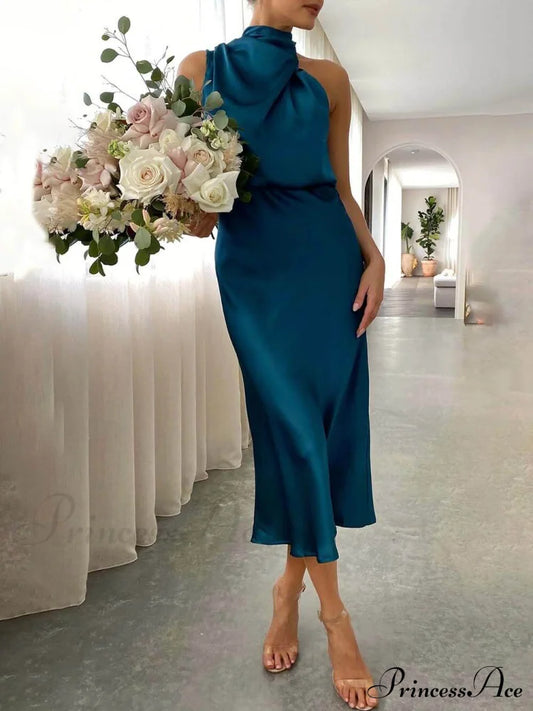 Unique Bridesmaid Sleeveless Charming High Neck Midi Dresses Navy Blue / S