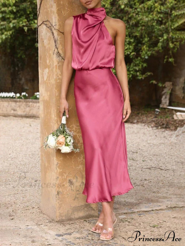 Unique Bridesmaid Sleeveless Charming High Neck Midi Dresses Rose / S