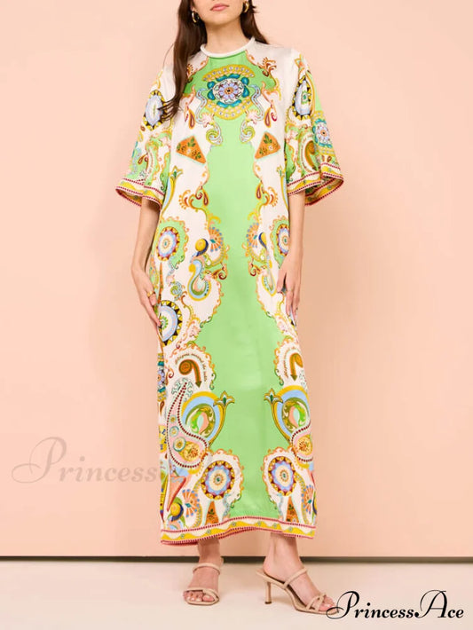 Unique Cashew Floral Charming Print Loose Midi Dress Multi-Color / S Dresses