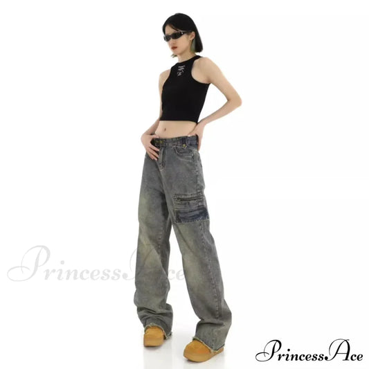 Unique Design Straight Pocket Floor Long Retro High Waisted Workwear Summer Women’s Jean