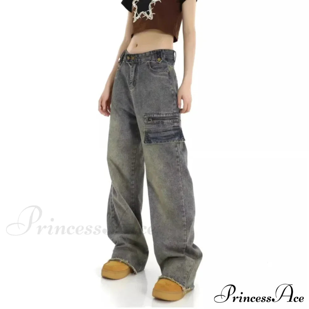 Unique Design Straight Pocket Floor Long Retro High Waisted Workwear Summer Women’s Jean