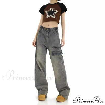 Unique Design Straight Pocket Floor Long Retro High Waisted Workwear Summer Women’s Jean Light