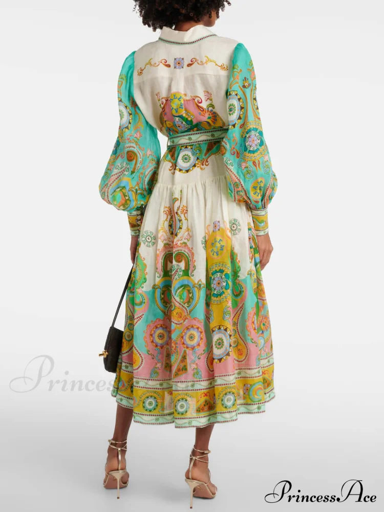 Unique Exquisite Print Puff Graceful Sleeve Tie Midi Dress Dresses