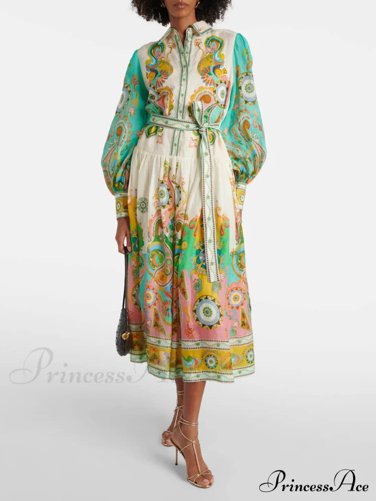 Unique Exquisite Print Puff Graceful Sleeve Tie Midi Dress Multi-Color / S Dresses