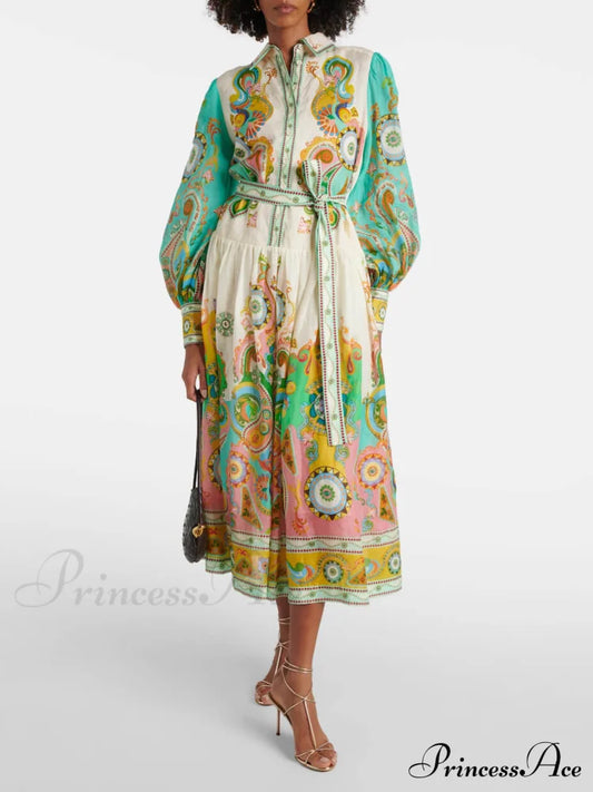 Unique Exquisite Print Puff Graceful Sleeve Tie Midi Dress Multi-Color / S Dresses