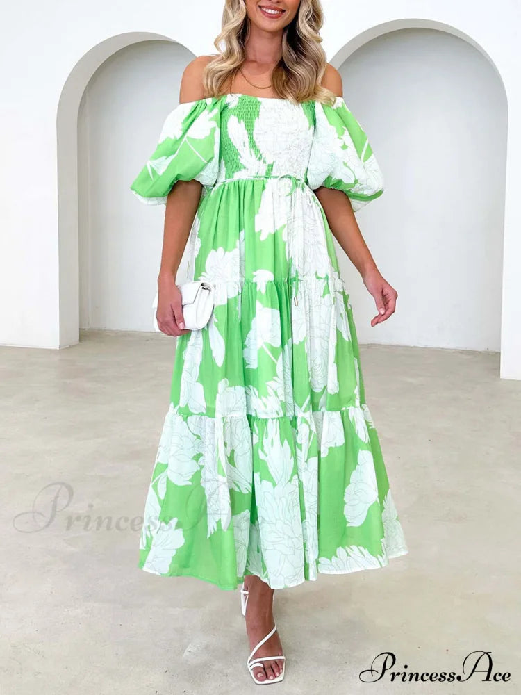 Unique Floral Print Patchwork Graceful Up Pleated Maxi Dress Green / S Dresses