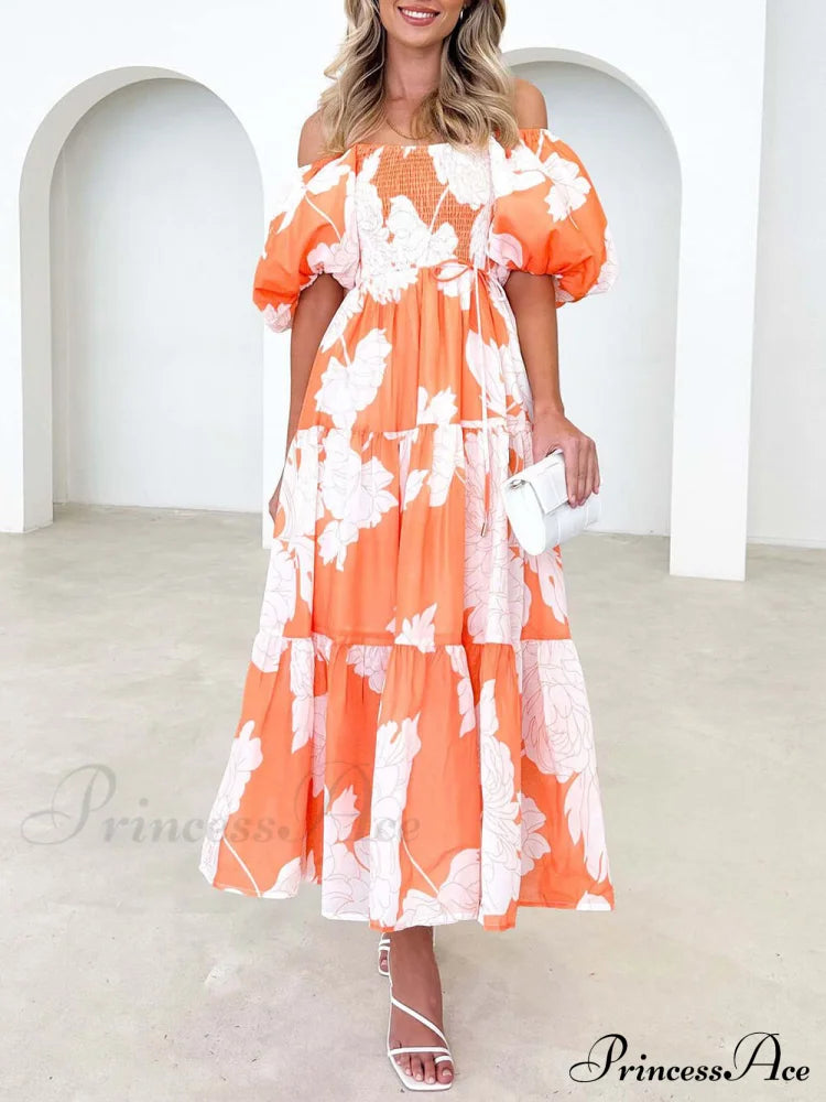 Unique Floral Print Patchwork Graceful Up Pleated Maxi Dress Orange / S Dresses