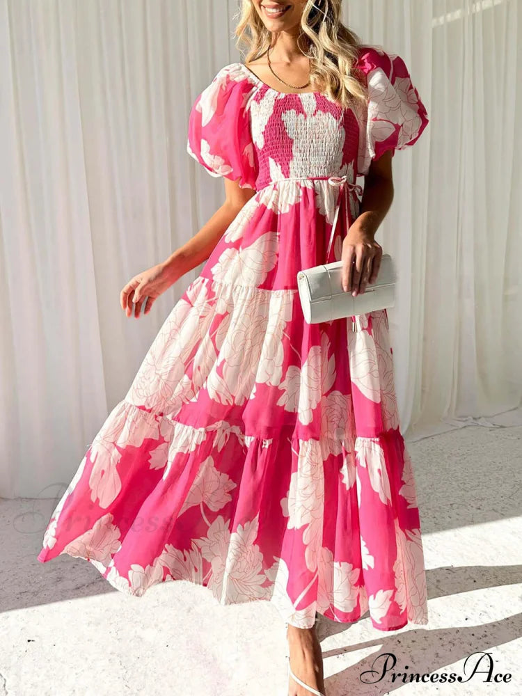 Unique Floral Print Patchwork Graceful Up Pleated Maxi Dress Pink / S Dresses