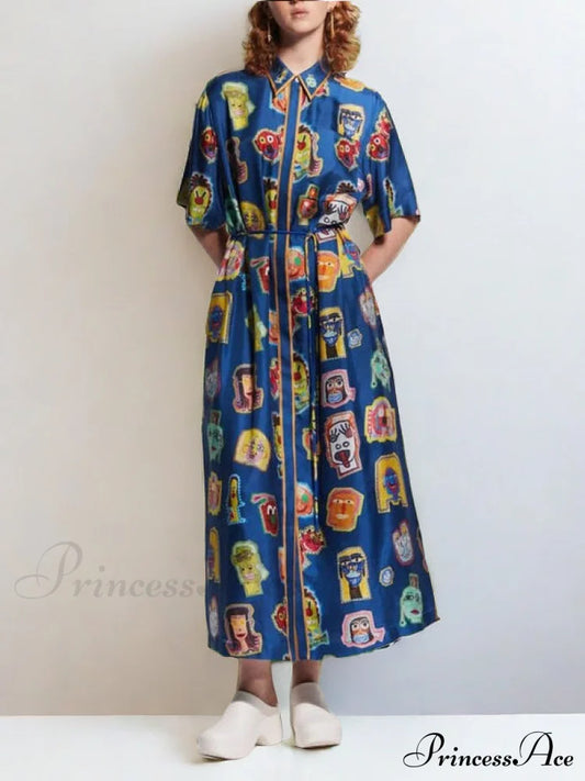 Unique Graffiti Fun Charming Print Midi Dress Royal Blue / S Dresses