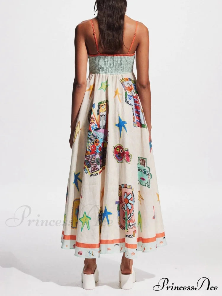 Unique Graffiti Print Suspenders Graceful Long Swing Midi Dress Dresses