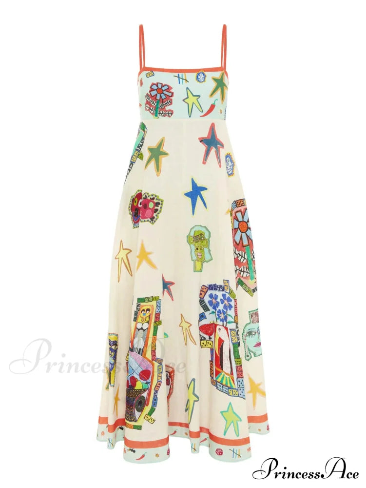 Unique Graffiti Print Suspenders Graceful Long Swing Midi Dress Dresses